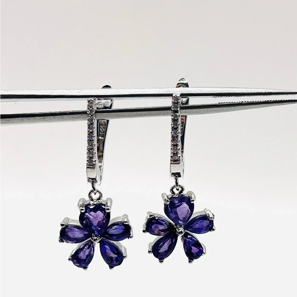 Genuine Amethyst Pear Cut 925 Sterling Silver Dangle Earrings - Picture 3 of 5